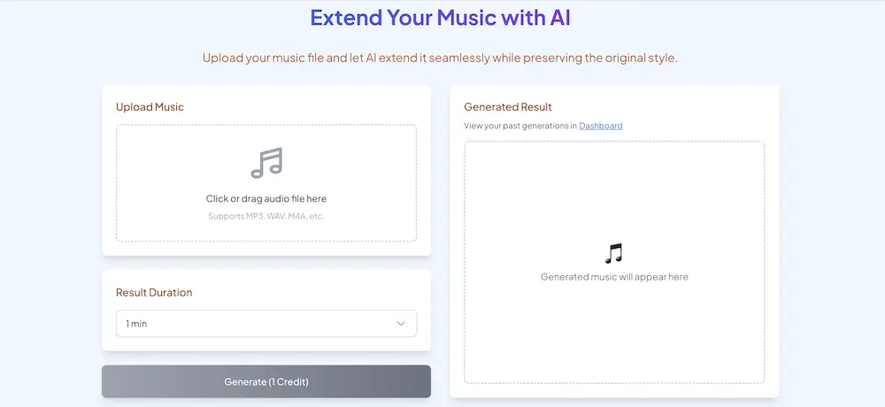 AI Music Extender Step 1: Upload audio file interface